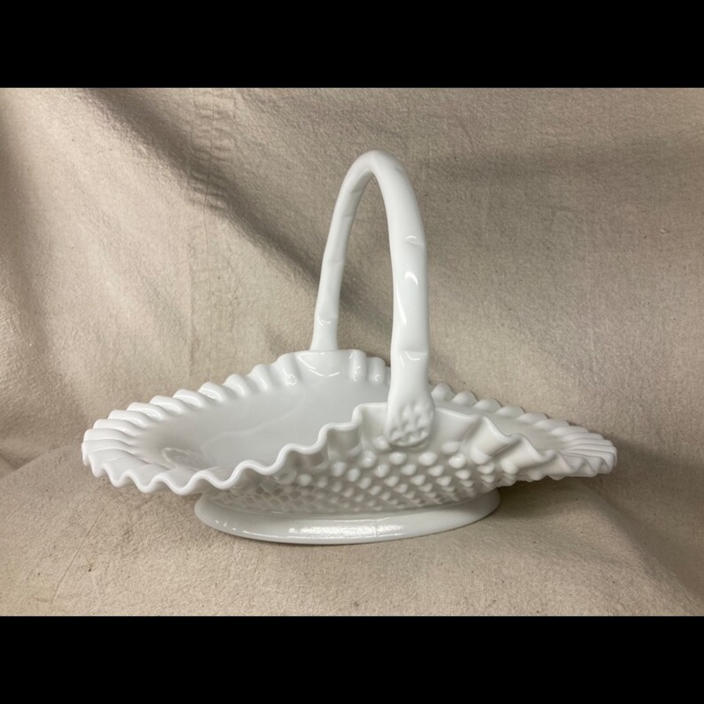 Vintage Fenton White Milk Glass Hobnail Basket